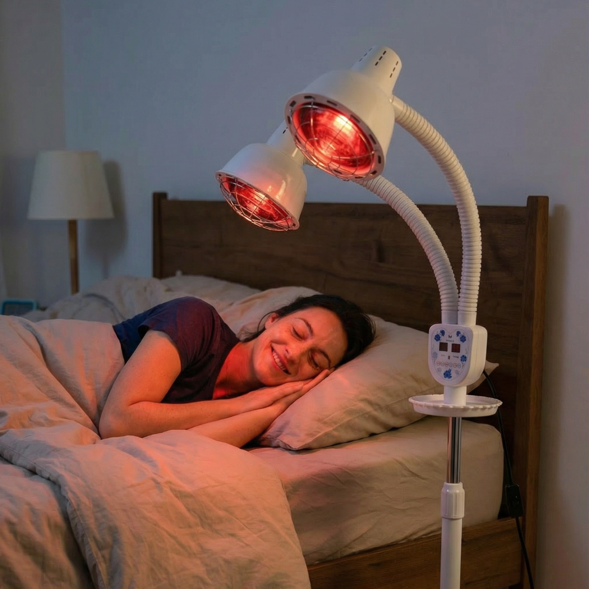 Person resting in bed with a red light lamp as part of an evening wind-down routine to fall asleep faster