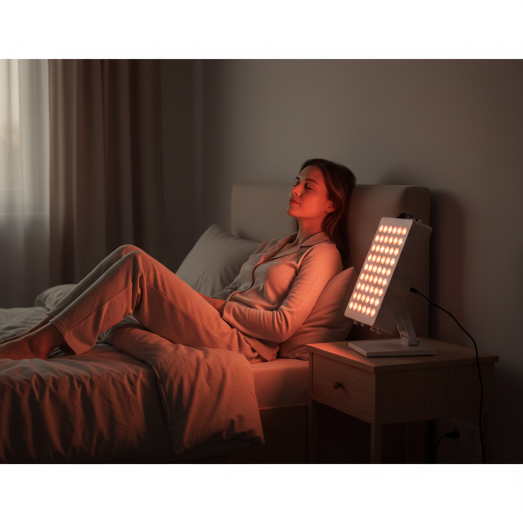 Woman using a red light therapy panel beside bed for evening recovery routine