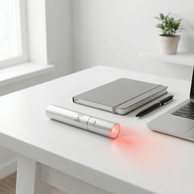 Mvolo ReliefTorch gebruikt 630, 660 & 850 nm licht voor pijnverlichting, herstel & ontspanning, compact en draagbaar.